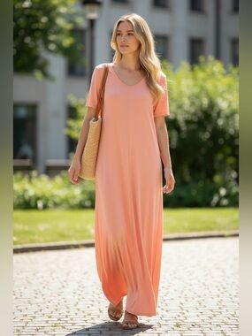Peach Coral Maxi Dress | Stretch | Pockets | V-Neck | Size Large